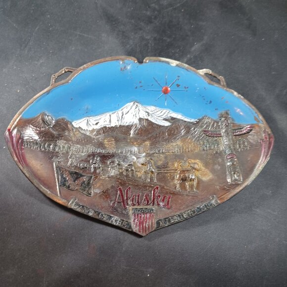Alaska Souvenir Painted Metal Tray Totem Dogsled Land of the Midnight Sun Japan - Picture 1 of 7